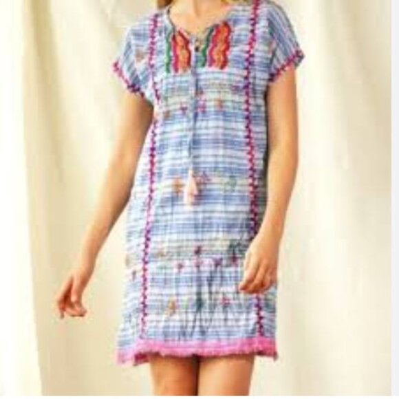 Size Large Anthropologie Ruby Yaya blue white stripes embroidered cotton dress - Picture 13 of 14